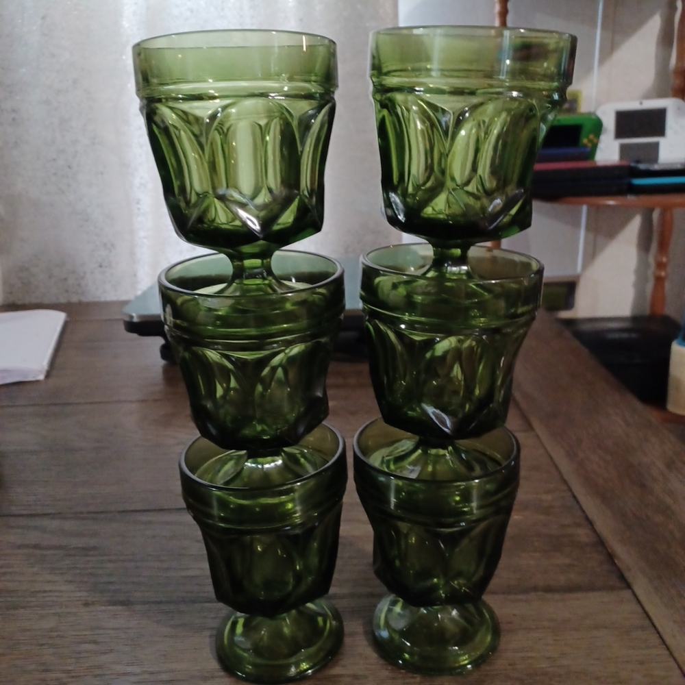 Vintage green glass goblets indiana heavy paneled thumbprint set of 6 - Picture 7 of 10